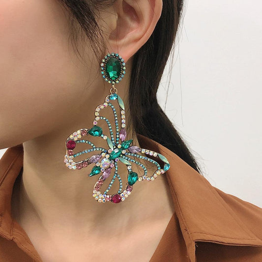 E9378 Jewelry Baroque Exaggerated Personality Butterfly Earrings Female Fashion Creative Color Diamond Earrings