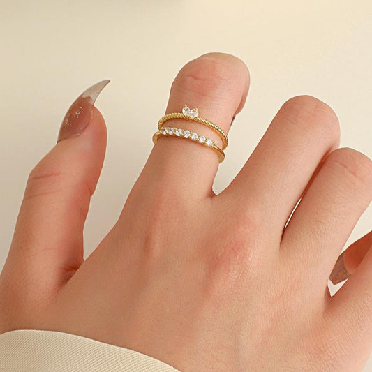 ins zircon love ring set fashion light luxury niche design geometric opening index finger ring two-piece set