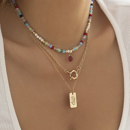 Jewelry Simple Metal Portrait Embossed Multilayer Necklace Retro Ethnic Imitation Crystal Beaded Necklace
