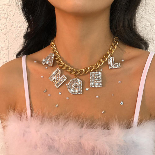 N9475 Geometric Exaggerated Necklace Net Red Punk Hip Hop Alphabet Necklace Full Diamond Light Luxury Chain Necklace