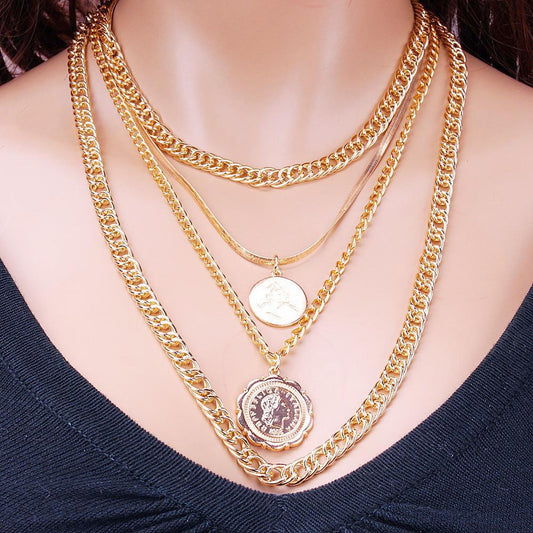 Jewelry multi-layer retro round card lace tag necklace female hip-hop thick chain necklace two-piece set