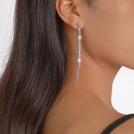 E1748 Exaggerated Long Earrings Rhinestone Chain Tassel Personality Earrings Temperament Smart Elegant Earrings