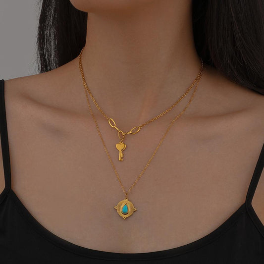 Fashionable Personality Stackable Stainless Steel Necklace Versatile Golden Key Songhua Stone Double Layer Necklace