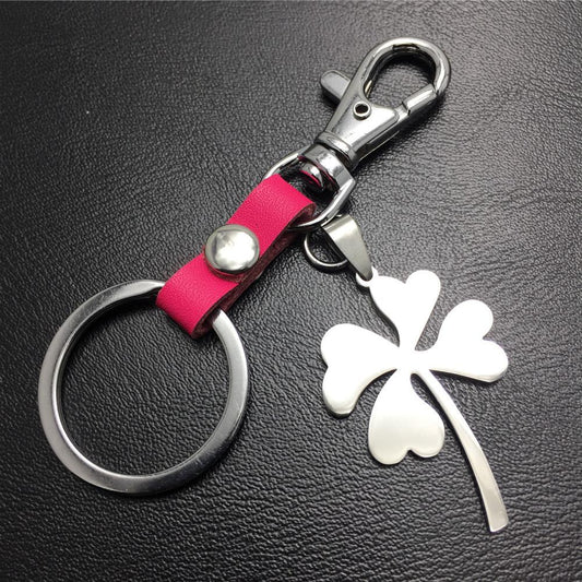 Four Leaf Lucky Flower Titanium Steel Pendant Leather Keychain Pendant Accessories