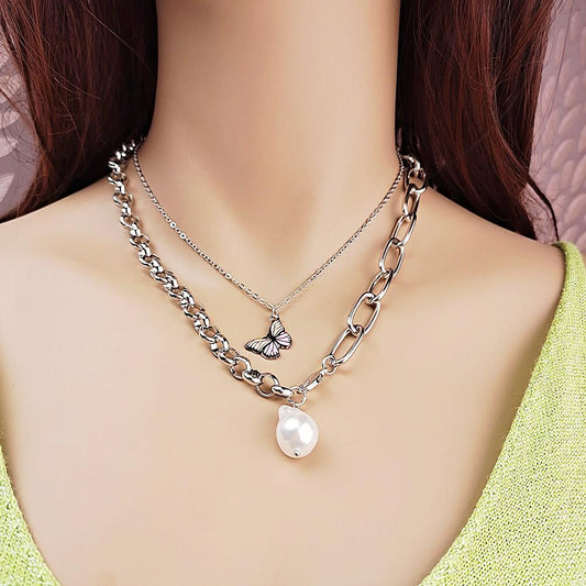 Jewelry Retro Colorful Butterfly Baroque Shaped Pearl Necklace Female Clavicle Chain Two-piece Set