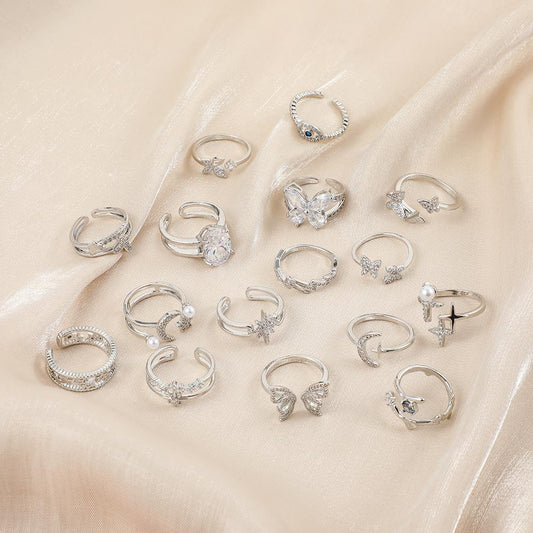 Versatile personality opening copper micro-inlaid zircon ring star moon butterfly shooting star simple retro style