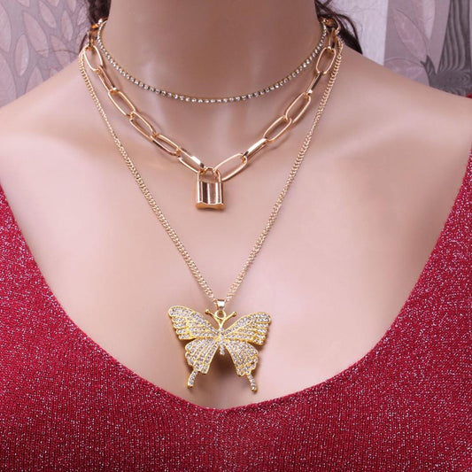 Jewelry Retro Geometric Lock Shape Simple Chain Multilayer Necklace Big Butterfly Micro-inlaid Set