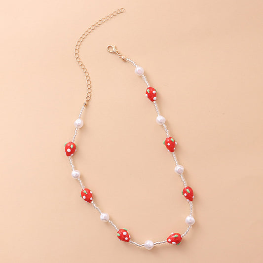 Jewelry Short Rice Bead Pearl Necklace Stained Glass Strawberry Shape Women's Necklace