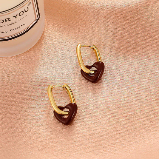 French retro wine red love earrings women's fashion light luxury niche temperament heart pendant earrings Hong Kong earrings