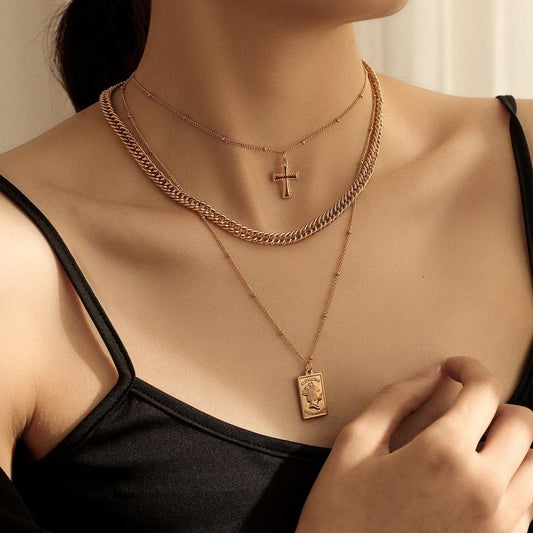 ins personalized fashion stainless steel gold-plated chain cross shield multi-layered choker necklace