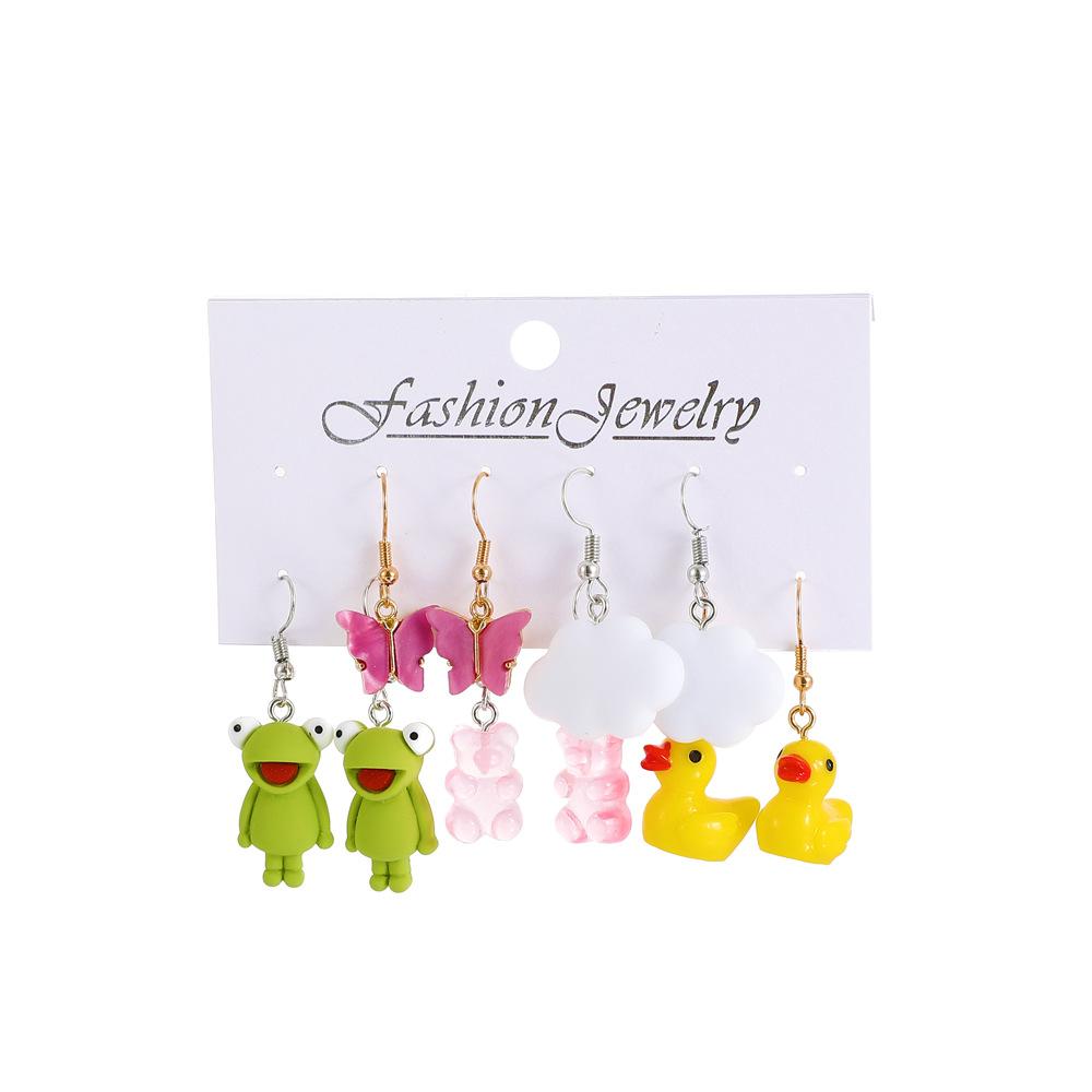 Sweet Cool Acrylic Earring Set Fashion Cartoon Butterfly Frog Little Yellow Duck Earrings Set of 5