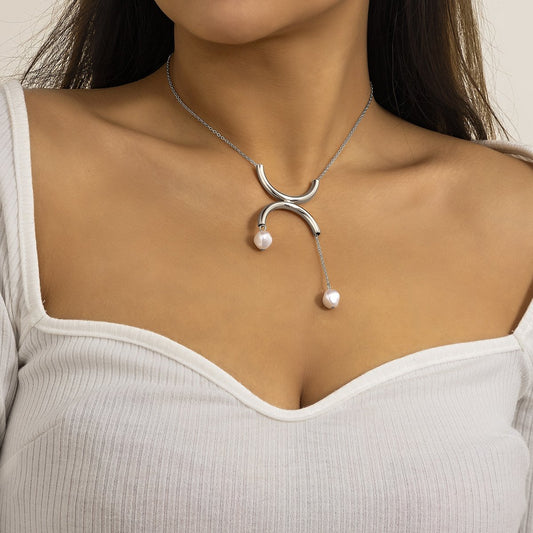Jewelry Niche Design Pearl Tassel Necklace Female Simple Metal Semicircle Pendant Necklace