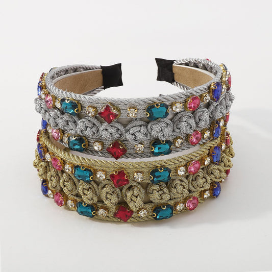 F4636 Light luxury palace retro headband knitted creative color diamond knotted wide-brimmed headband tiktok