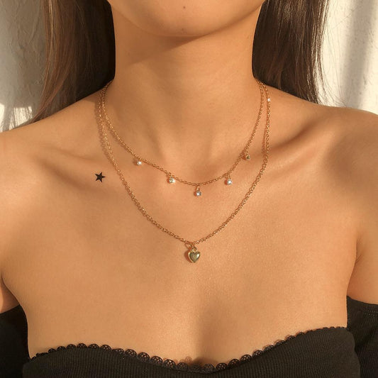 N9721 Jewelry French Simple Stacked Double Layer Necklace Glass Diamond Micro-inlaid Light Luxury Heart Necklace