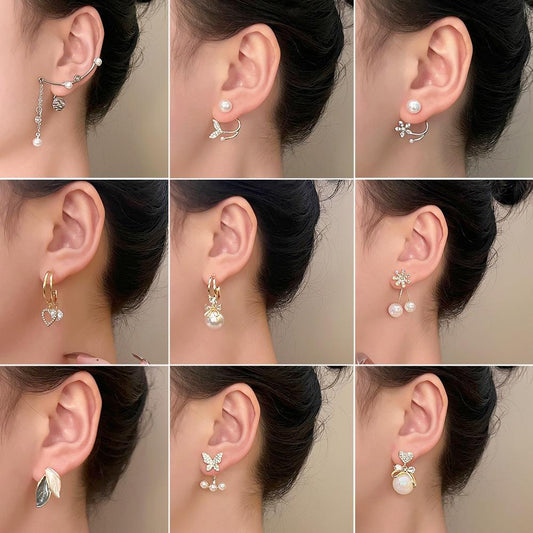Fashion light luxury pearl flower earrings female ins rear hanging fishtail pearl earrings simple leaf earrings