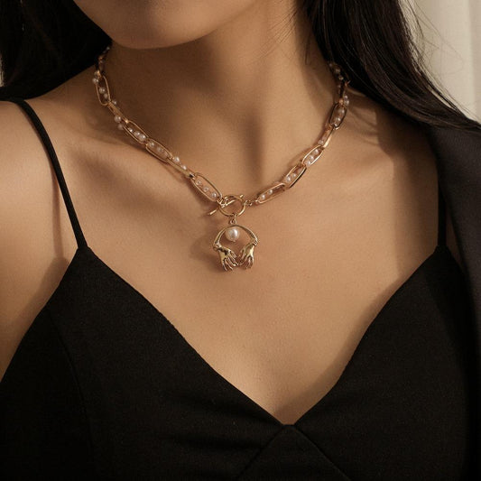 ins exaggerated pearl necklace personality hands pendant niche temperament light luxury chain jewelry
