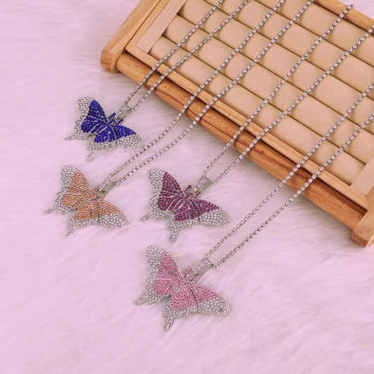 Ins full diamond Cuban butterfly necklace retro personality exaggerated butterfly pendant necklace fashion hip-hop accessories
