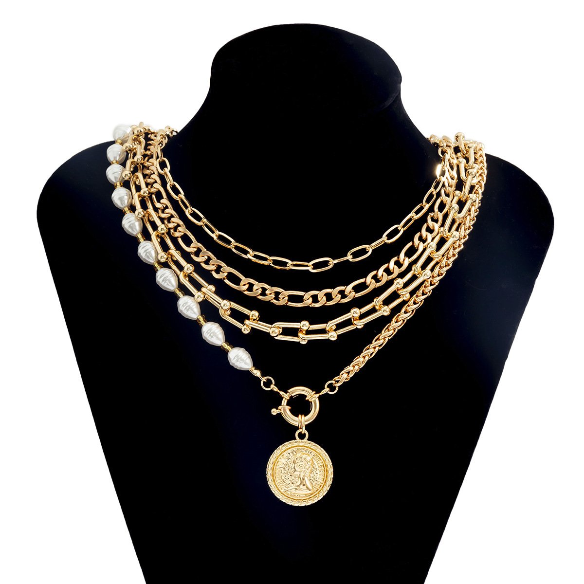 Jewelry Street Shot Hollow Embossed Necklace Women's Retro Punk U-shaped Buckle Imitation Pearl Portrait Necklace