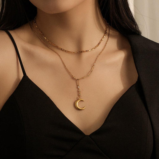 Minimalist stainless steel gold-plated diamond Y-shaped double-layer necklace ins cold titanium steel moon pendant necklace
