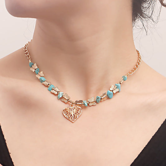 Jewelry Natural Stone Butterfly Stitching Gravel Clavicle Chain Necklace Retro Love Necklace Female