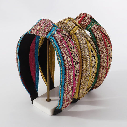 F441 Fashion Retro Headband Contrasting Color Braided Geometric Knotted Headband Ethnic Wide-Brim Trendy Hairpin