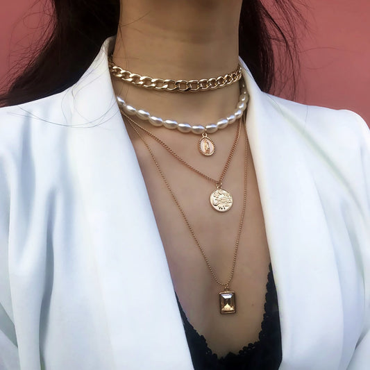 Jewelry Retro Coin Gem Necklace Sweater Chain Female Personality Multilayer Pearl Necklace