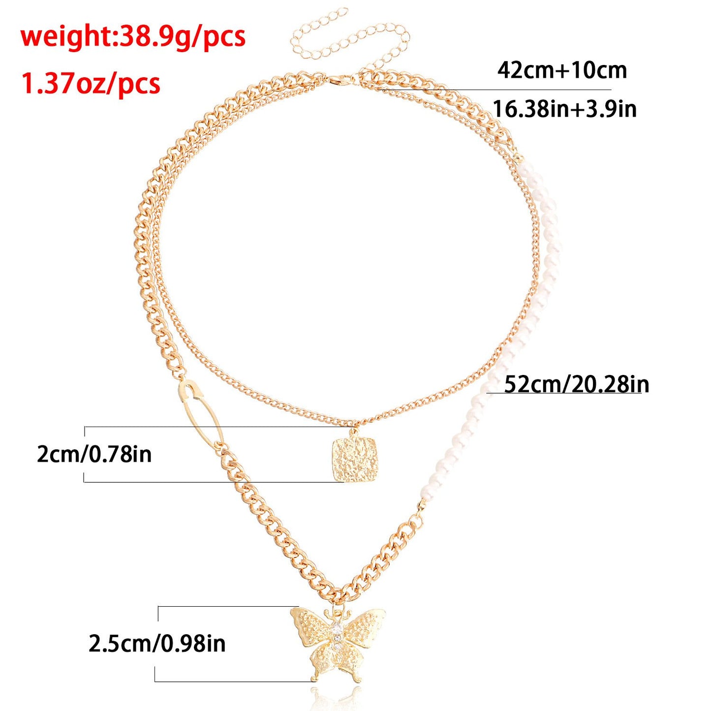 Jewelry punk double-layer micro-inlaid diamond butterfly pendant necklace female ins imitation pearl necklace