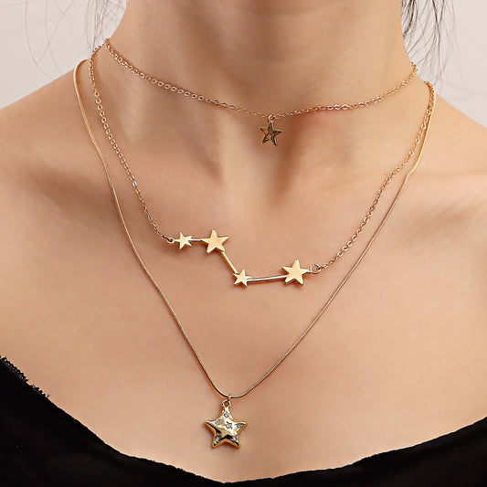 Jewelry fashion multi-layer golden five-pointed star necklace female retro niche design clavicle chain