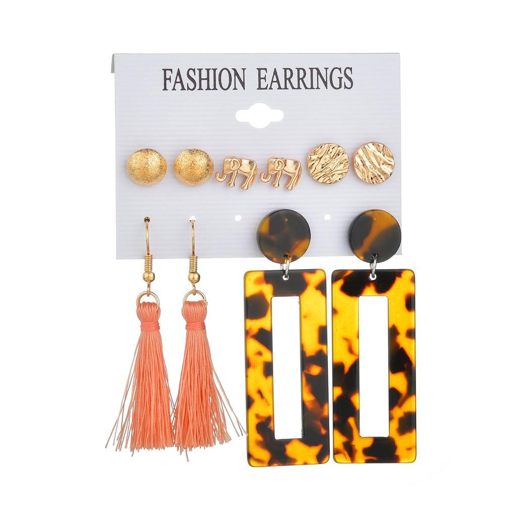 Creative Elephant Acrylic Leopard Tassel Stud Earrings 5-Piece Set Earrings
