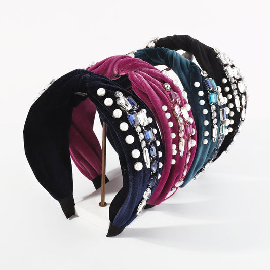 F4892 autumn and winter hair accessories corduroy rhinestone imitation pearl headband light luxury temperament knotted headband female