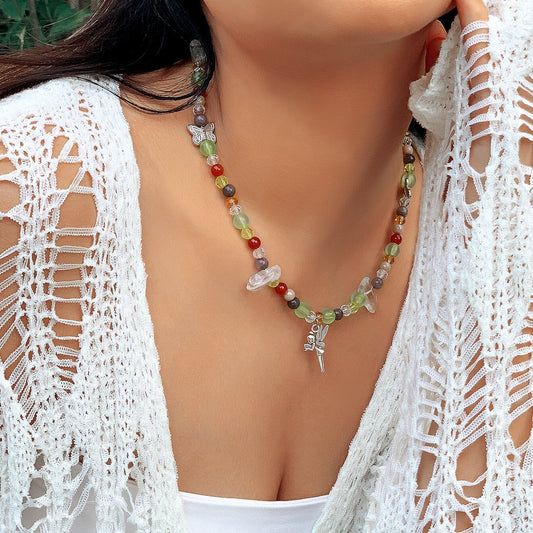 Ornament Mori pastoral elf small butterfly necklace female simple imitation crystal beaded metal necklace
