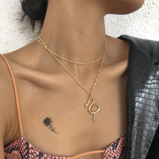N8966 Retro Exaggerated Jewelry Zodiac Snake Temperament Double Necklace Glass Diamond Micro-Inlaid Geometric Necklace Female