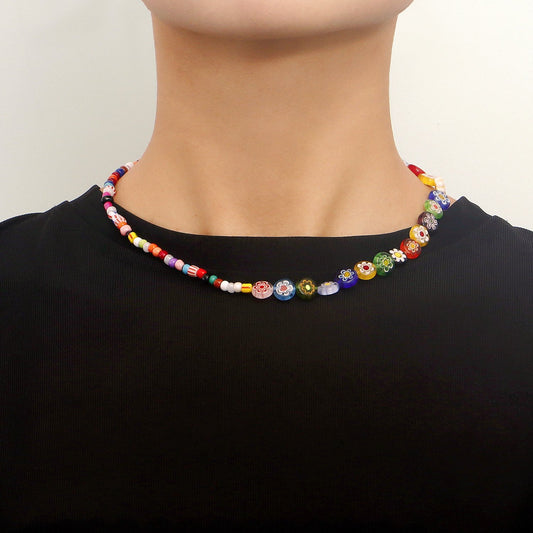 Jewelry Couple Fashion Beaded Clavicle Chain Summer Fresh Necklace Glass Rainbow Flower Necklace