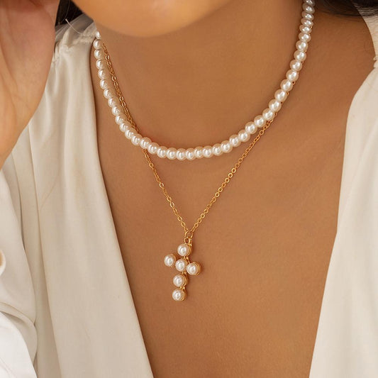 Jewelry Personality Metal Thin Chain Necklace Simple Double Layer Imitation Pearl Cross Necklace Female