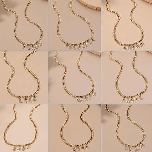 Jewelry Diamond DIY English Alphabet Pendant Necklace Retro Hip Hop Clavicle Chain Couple Accessories