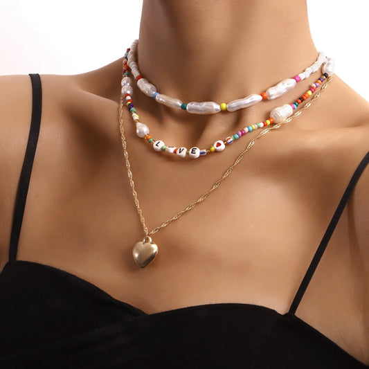 Jewelry multi-layer color rice beads LOVE letter peach heart pendant necklace female niche creative necklace