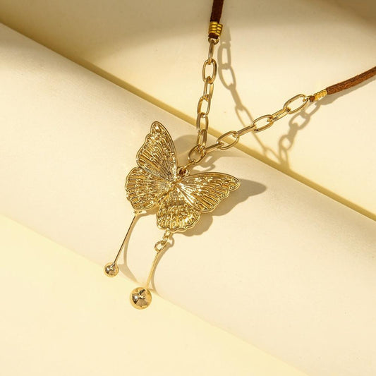 Creative Mori Butterfly Bead Pendant Necklace Fashion Wool Mix and Match Metal Jewelry