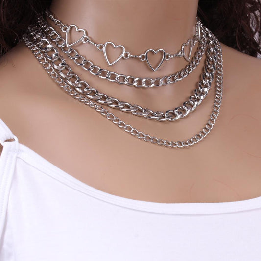 Jewelry Hip Hop Personality Geometric Set Necklace Female Peach Heart Flat Thick Chain Hollow Multilayer Chain Item