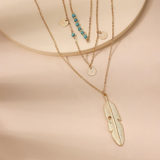 Jewelry Fashion Feather Turquoise Bead Sequin Multilayer Necklace Women's Street Shoot