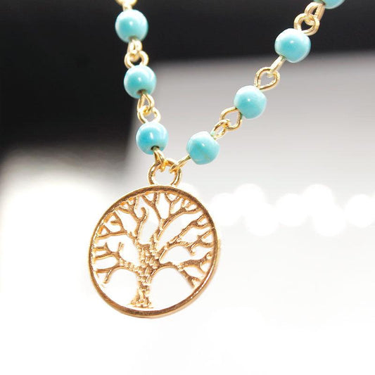 Simple White Tower Handmade Beaded Turquoise Lucky Tree Ladies Tassel Necklace