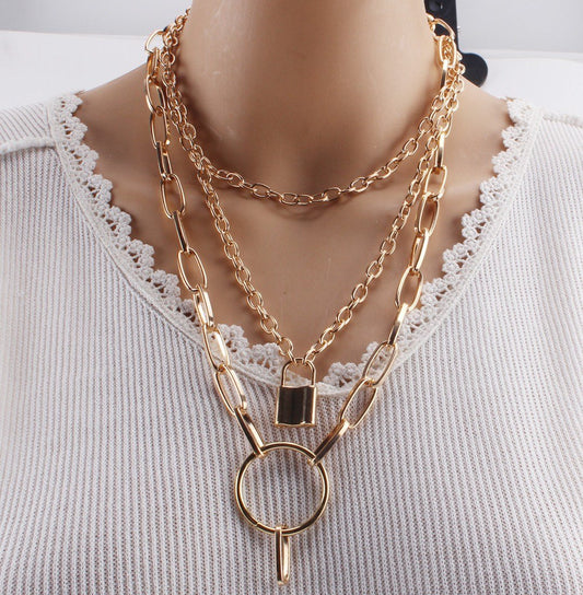 Retro punk exaggerated thick chain ring necklace multi-layer lock necklace sweater chain women