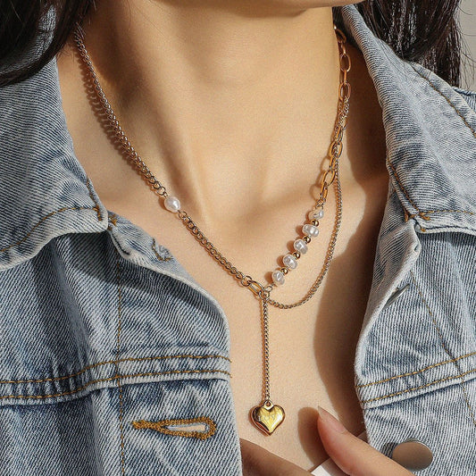 Fashion special-shaped pearl clavicle chain ins stainless steel love love pendant trend necklace
