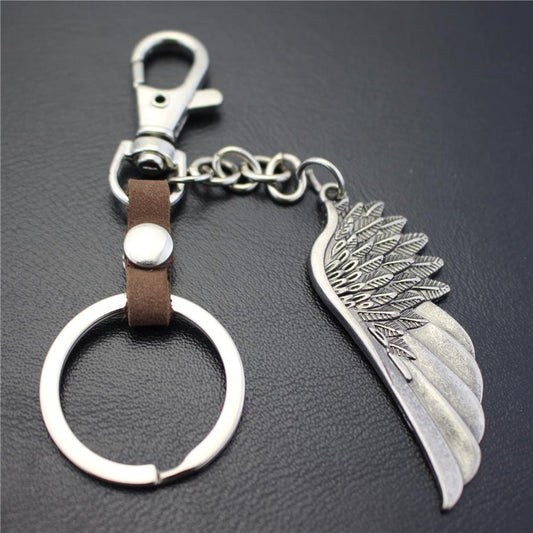 High-quality brushed retro alloy angel wings pendant leather key chain clothing accessories car key ring