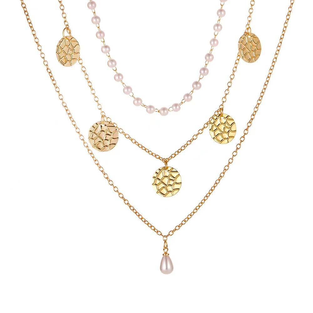 Jewelry disc crack sense multi-layer necklace personality retro geometric pearl pendant clavicle chain