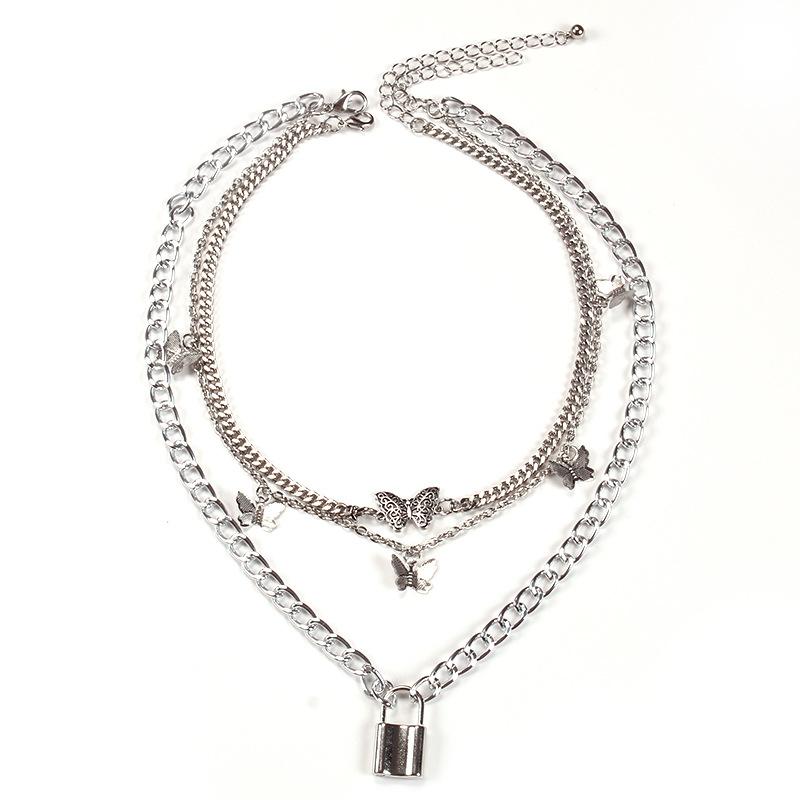 Retro Chain Padlock Butterfly Pendant Women's Creative Multi-element Fashion Fashion Necklace