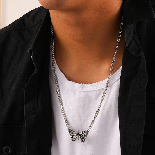 Trendy Fashion Domineering Dark Punk Design Butterfly Mechanical Rose Skull Necklace Necklace Men