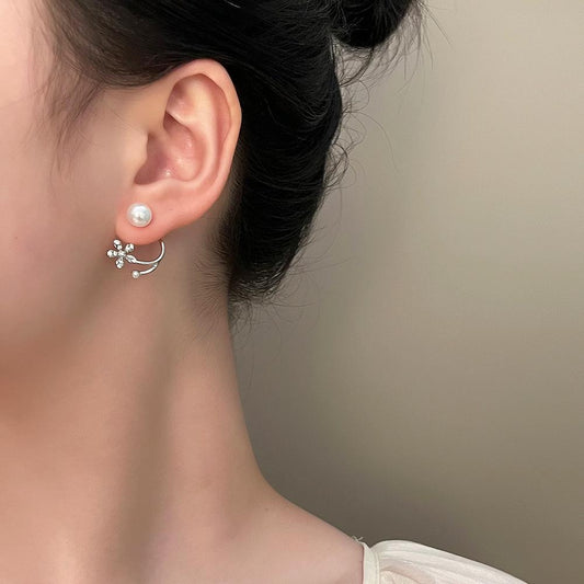 Fashion light luxury pearl flower earrings female ins rear hanging fishtail pearl earrings simple leaf earrings