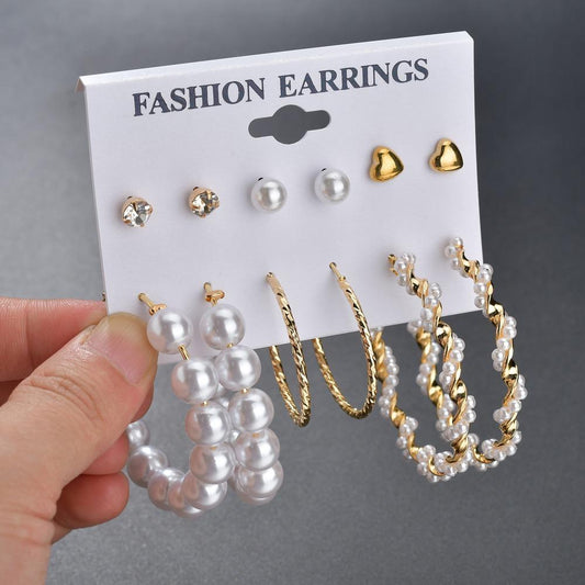 Fashion exaggerated pearl hoop earrings accessories 6 pairs heart diamond stud earrings set