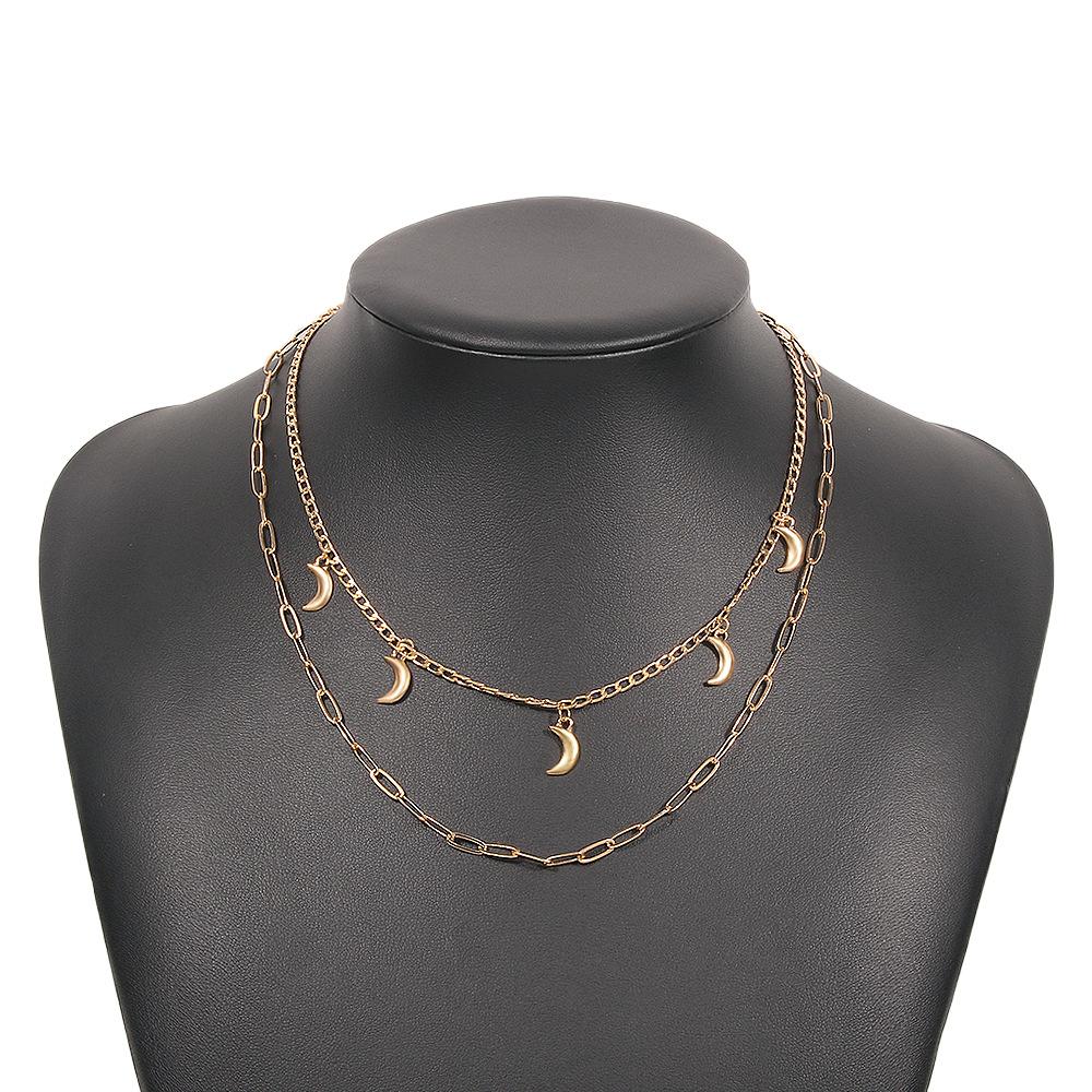 N9412 Jewelry Niche Simple Double Layer Necklace Metal Texture Sweet Crescent Pendant Necklace Women