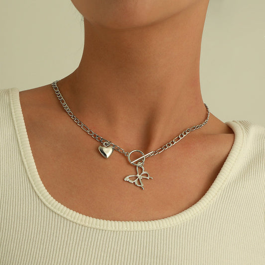 Jewelry Geometric OT Buckle Hollow Butterfly Pendant Necklace Ladies Three to One Trendy Love Heart Necklace